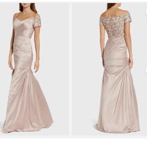 LA FEMME SATIN OFF THE SHOULDER BEADED RUCHED CHAMPAGNE TRUMPET GOWN sz 10